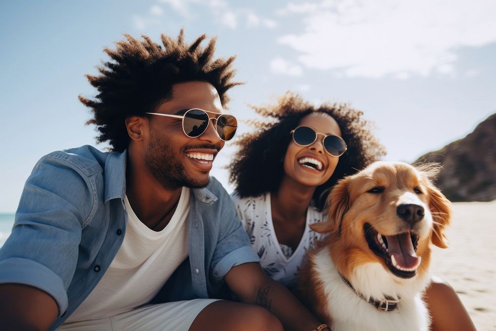Black couple with dog laughing portrait mammal. AI generated Image by rawpixel.