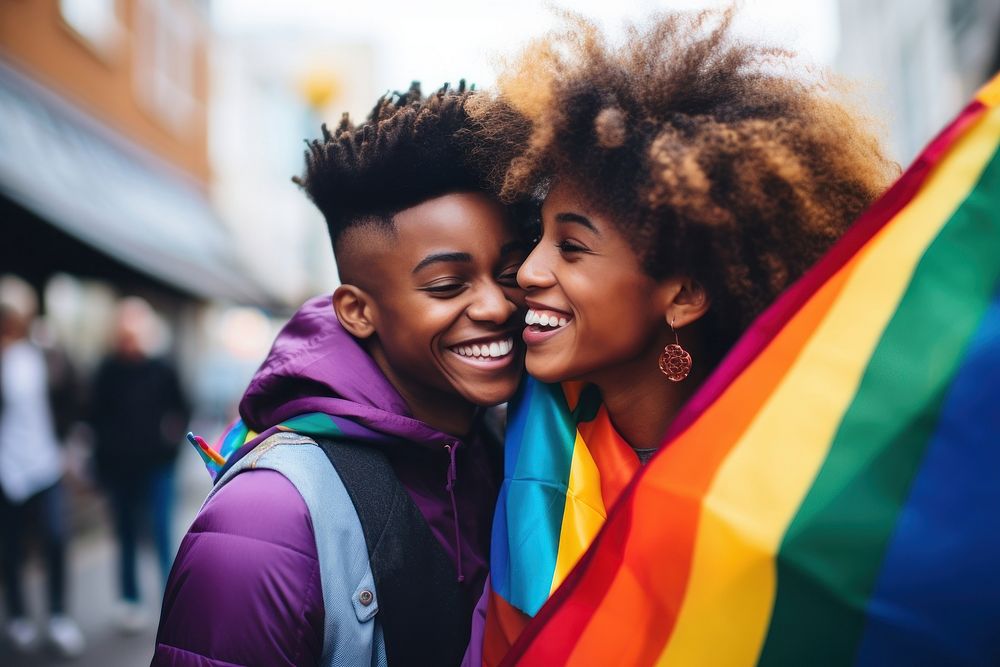 Black couple with rainbow flag portrait parade adult. AI generated Image by rawpixel.