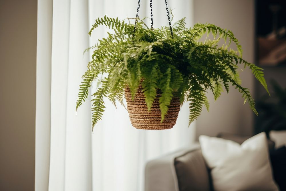 Pot of hanging Boston fern plant houseplant decoration. AI generated Image by rawpixel.