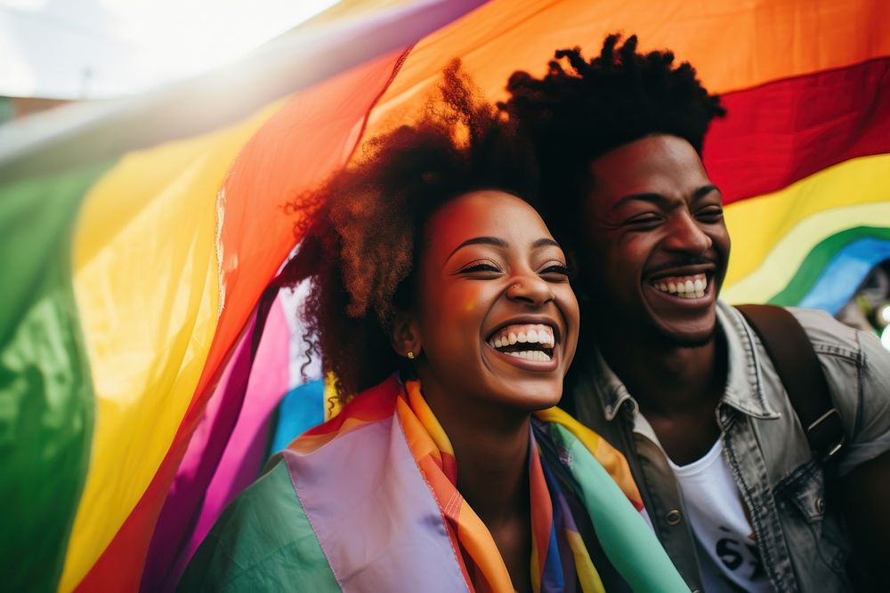 Black couple in pride parade laughing adult smile. AI generated Image by rawpixel.