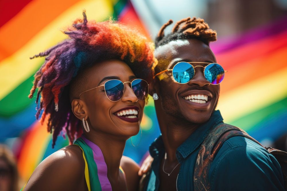 Black couple in pride parade sunglasses laughing adult. AI generated Image by rawpixel.