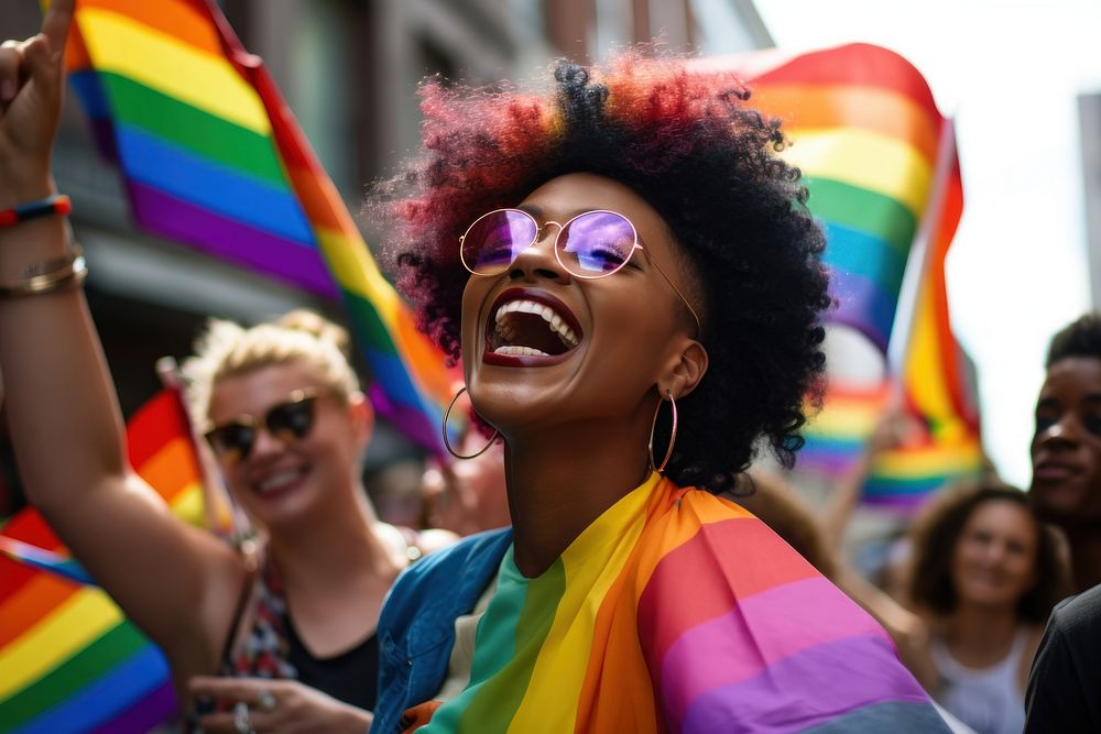 Black people in pride parade rainbow adult happy. AI generated Image by rawpixel.