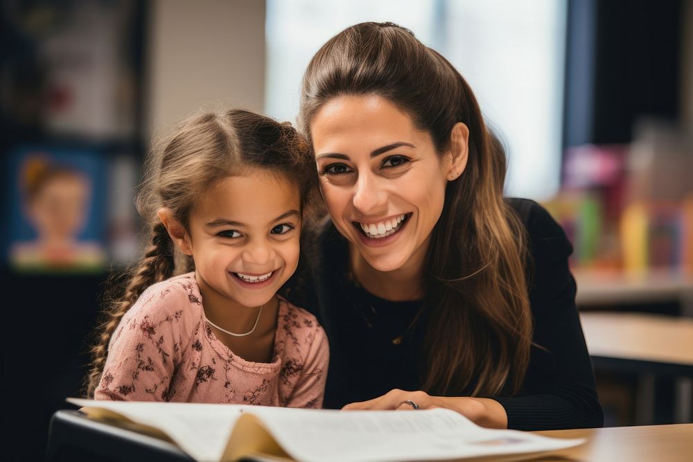Teacher assisting her Latina student reading school child. AI generated Image by rawpixel.