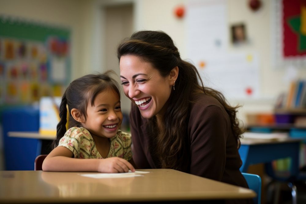 Teacher assisting her Latina student school classroom child. AI generated Image by rawpixel.