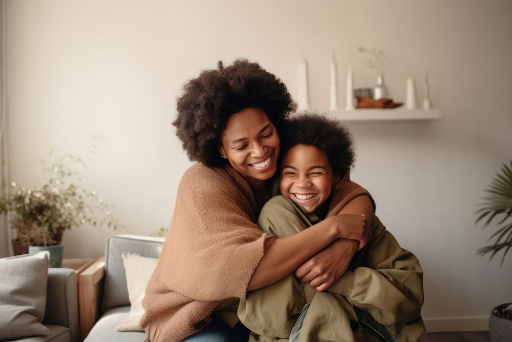 Son african american holding hands and hugging his mother people adult happy. AI generated Image by rawpixel.