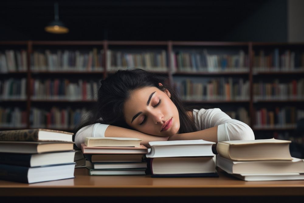Woman student sleeping book publication university. AI generated Image by rawpixel.