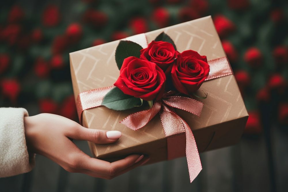 Hands hold a beautiful gift box rose flower plant. AI generated Image by rawpixel.