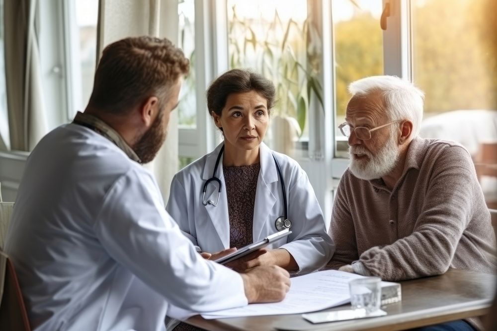 Doctors talking with elderly patient adult table. AI generated Image by rawpixel.