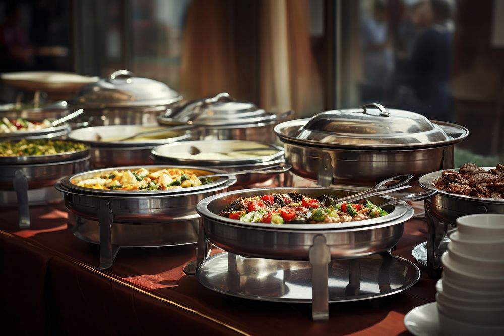 Buffet with containers with silverware food restaurant brunch. AI generated Image by rawpixel.