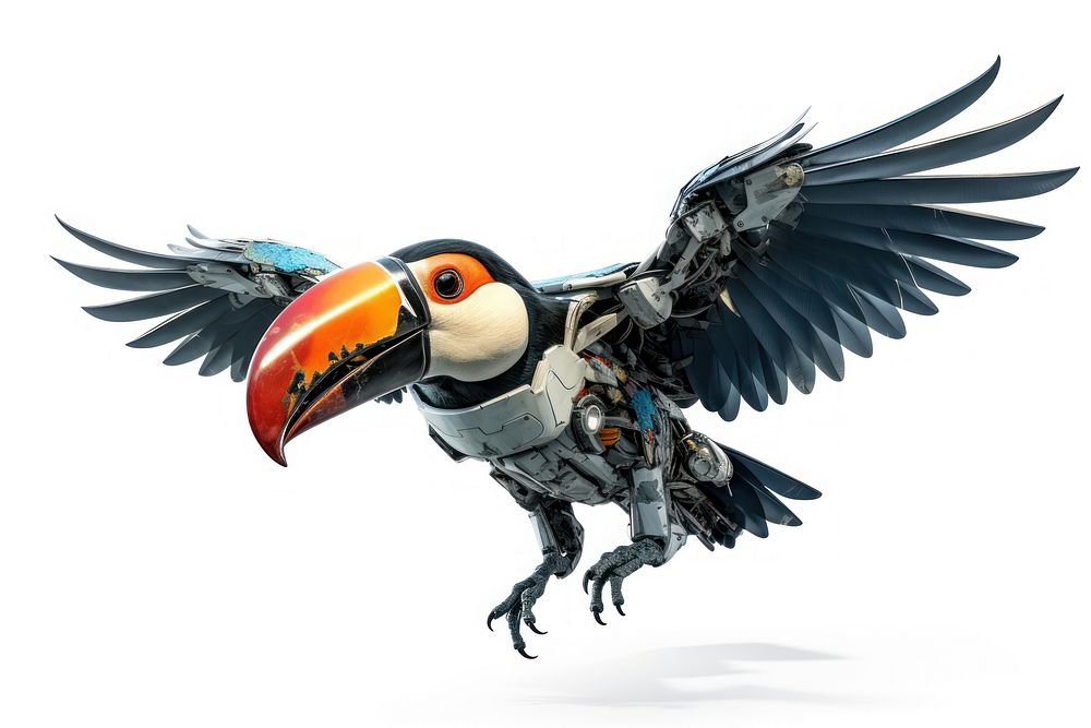 Cyborg toucan flying animal bird beak. AI generated Image by rawpixel.