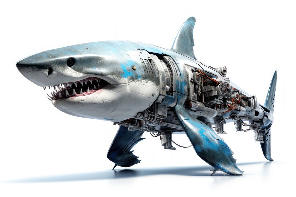 Cyborg shark vehicle animal white background. AI generated Image by rawpixel.