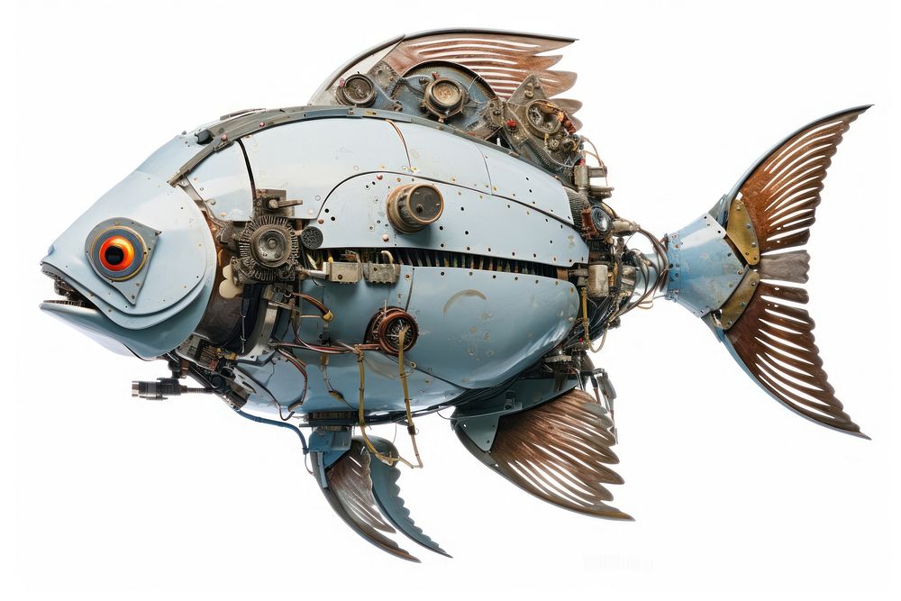 Cyborg sunfish vehicle animal white background. AI generated Image by rawpixel.