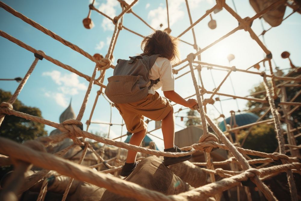 Child climbs up an alpine grid in a park on a playground on a hot summer day outdoors architecture agriculture. AI generated…