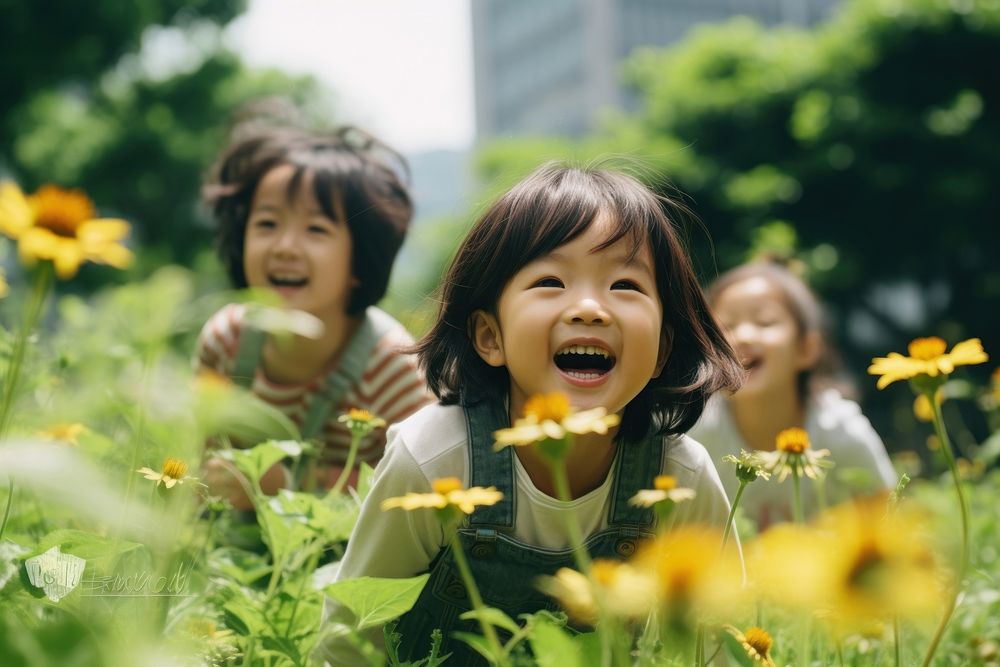 Asian children having fun in the park laughing outdoors flower. AI generated Image by rawpixel.