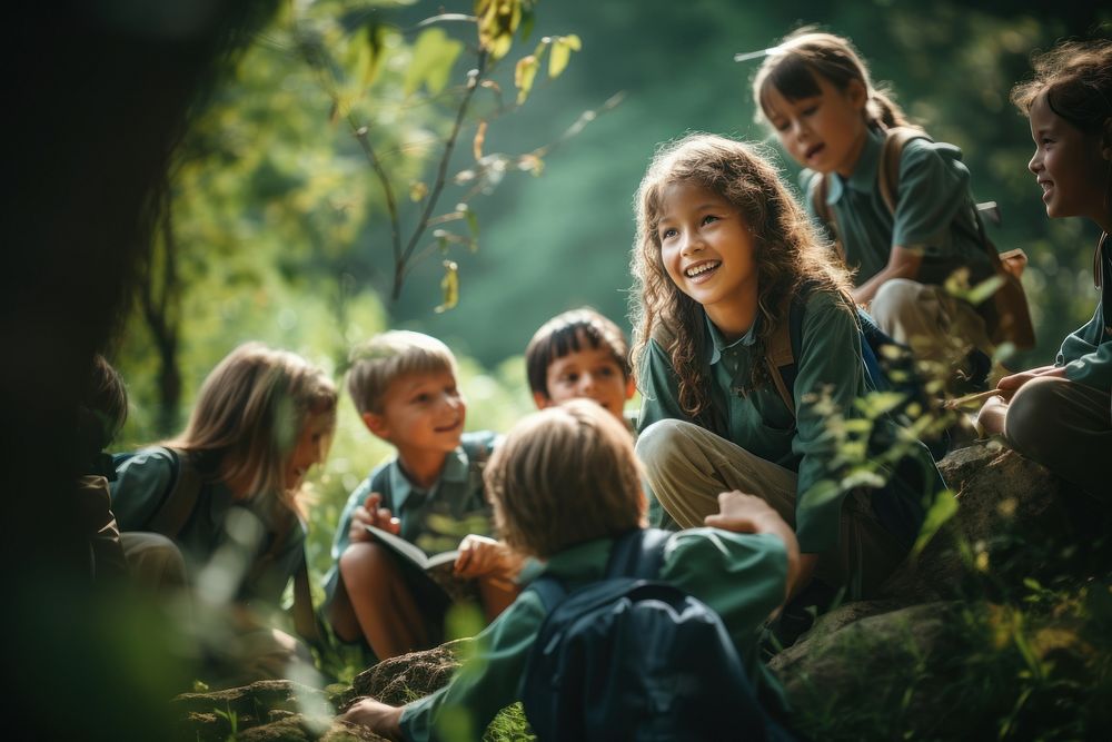 Group of curious children sitting forest female. AI generated Image by rawpixel.