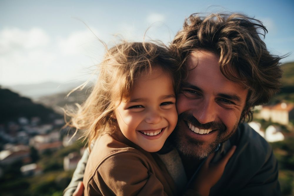 Happy family daughter hugs his dad on holiday child photography laughing. AI generated Image by rawpixel.