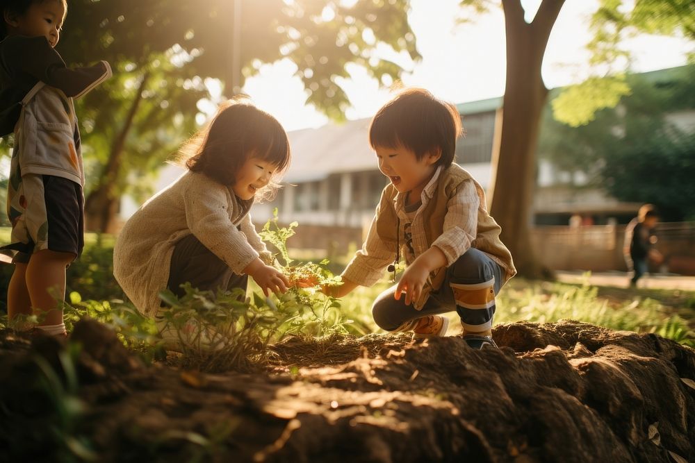 Cute children playing in the park outdoors togetherness agriculture. AI generated Image by rawpixel.