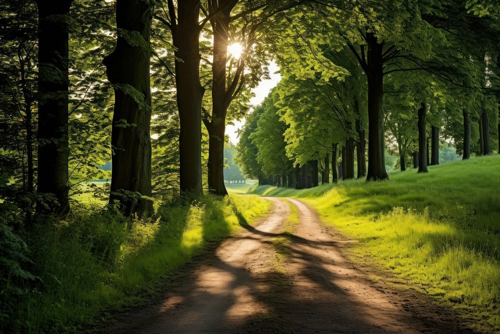 Narrow road in a green grassy field tree landscape sunlight. AI generated Image by rawpixel.