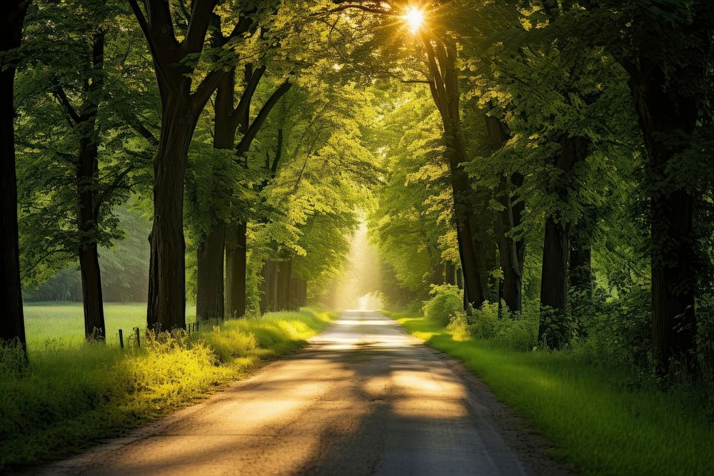 Narrow road in a green grassy field tree landscape sunlight. AI generated Image by rawpixel.