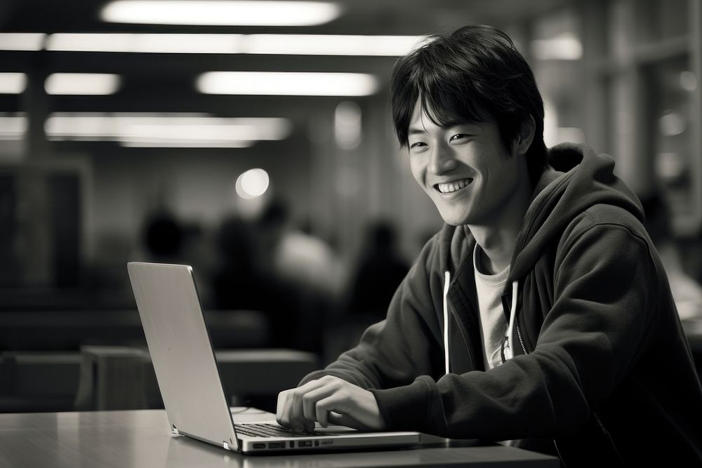 Smiling Asian student laptop photography monochrome. AI generated Image by rawpixel.