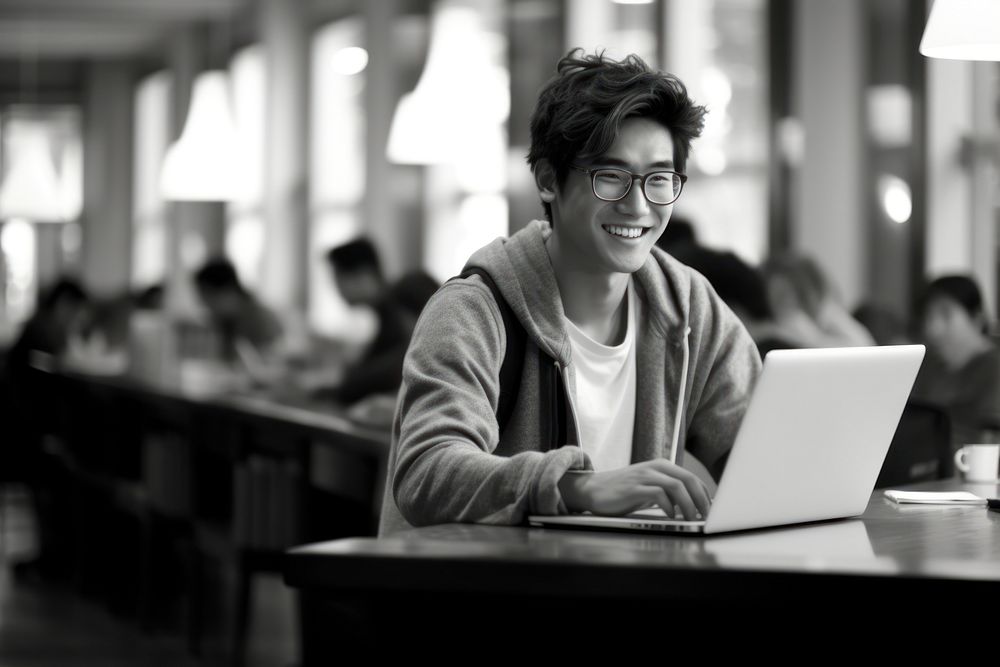 Smiling Asian student laptop photography university. AI generated Image by rawpixel.