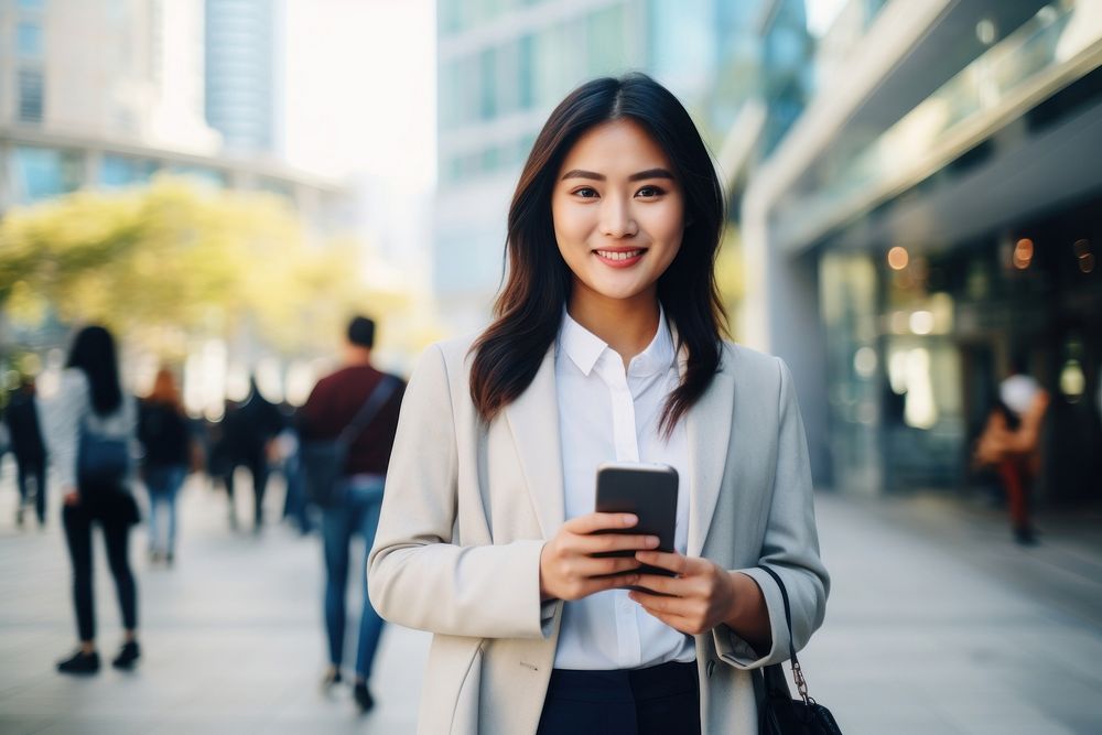 Asian businesswoman carrying smartphone female adult city. AI generated Image by rawpixel.