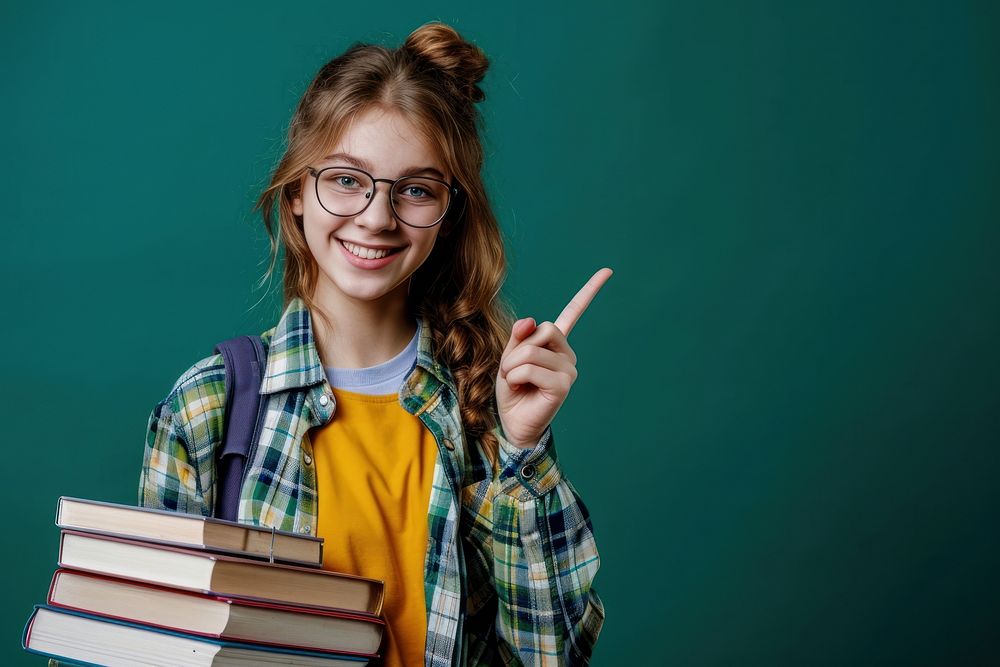 Teen student glasses smile book. AI generated Image by rawpixel.