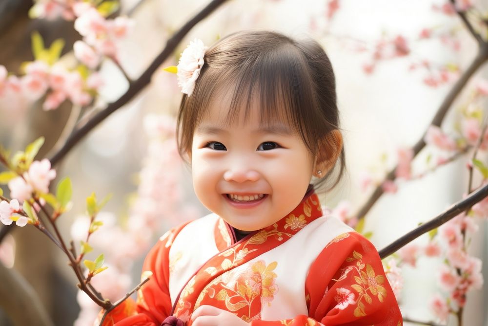 Toddler girl in chinese costume celebration smiling blossom. 