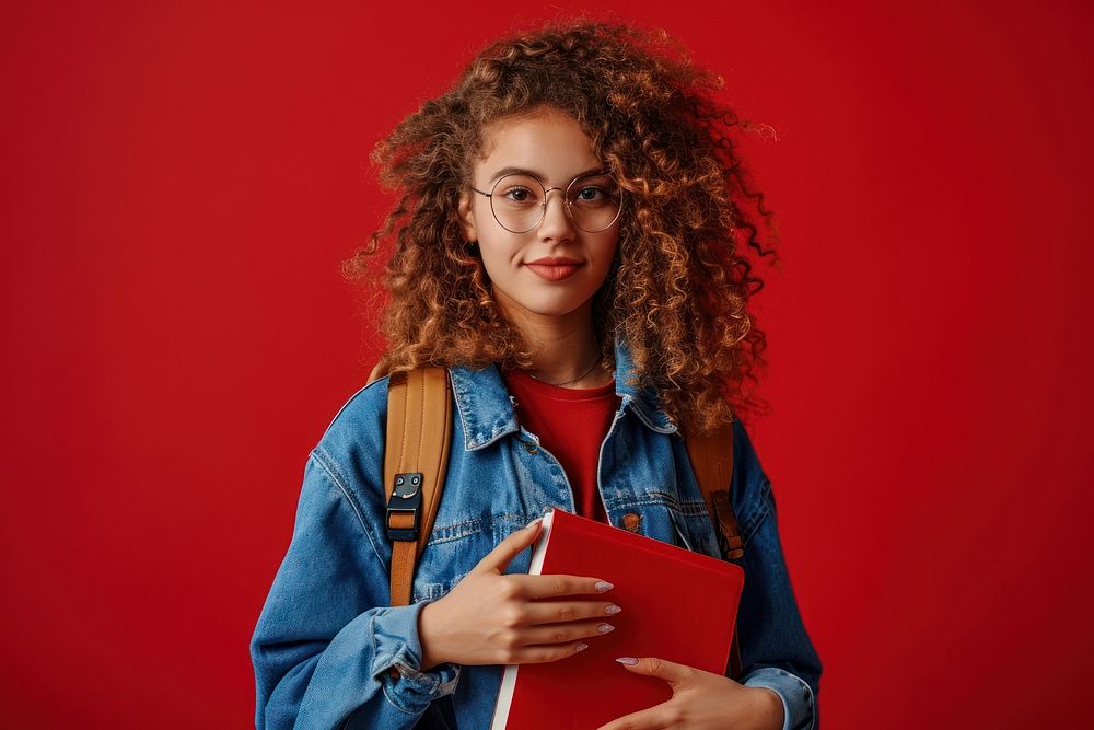 Student woman wearing backpack glasses holding red. AI generated Image by rawpixel.