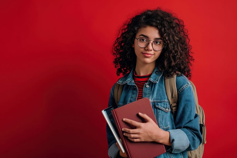 Student woman wearing backpack glasses adult book. AI generated Image by rawpixel.