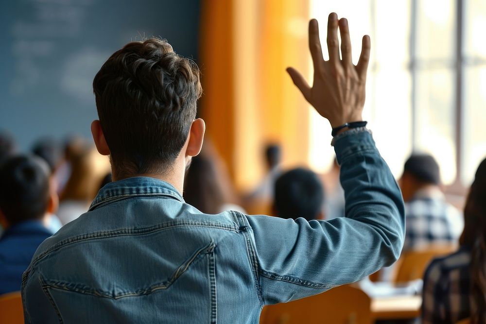 Back view of older student raising his hand architecture classroom education. AI generated Image by rawpixel.