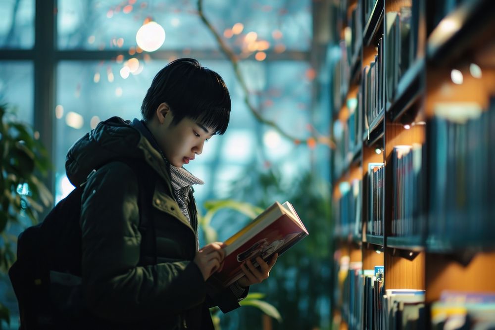 Chinese student reading book library transportation concentration. AI generated Image by rawpixel.