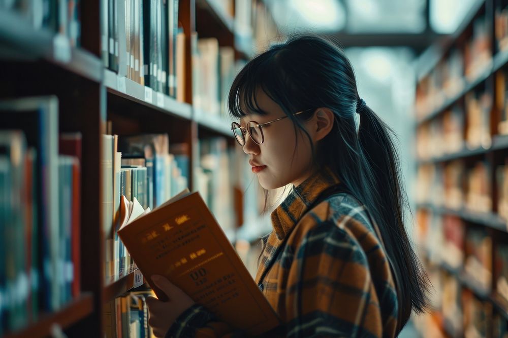 Chinese student reading book library publication bookcase. AI generated Image by rawpixel.