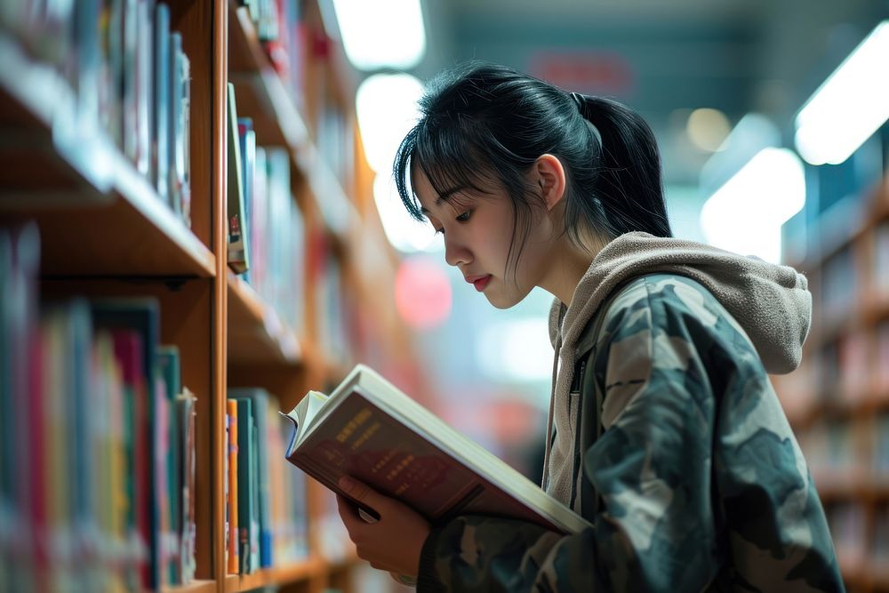 Chinese student reading book bookcase library adult. AI generated Image by rawpixel.