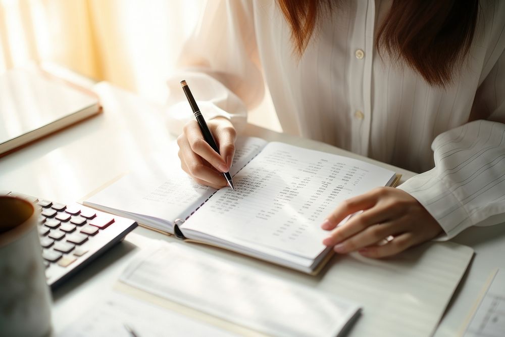 Women doing taxes writing pen publication. 