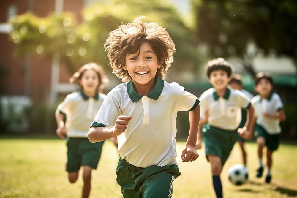 Diverse school kids playing soccer outdoors football sports. AI generated Image by rawpixel.