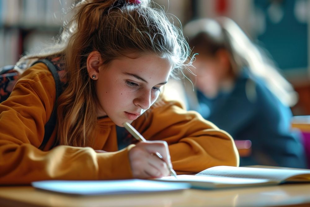 Girl student taking exam writing reading school