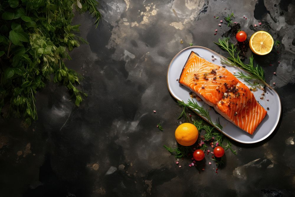Salmon steak seafood plate table. AI generated Image by rawpixel.