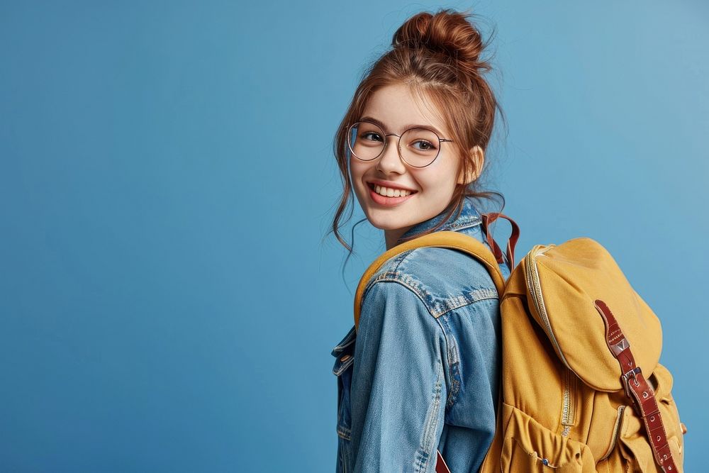 Cute young student girl backpack glasses portrait. AI generated Image by rawpixel.