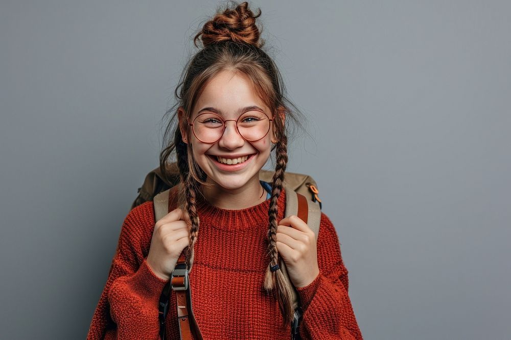 Cute young student girl portrait laughing glasses. AI generated Image by rawpixel.