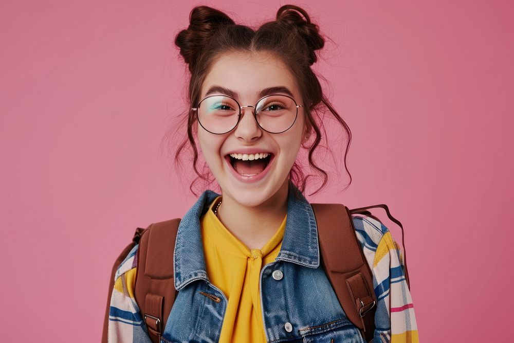 Cute young student girl glasses laughing portrait. AI generated Image by rawpixel.