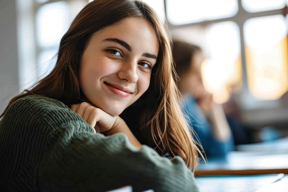 Female student having an exam looking adult smile. AI generated Image by rawpixel.