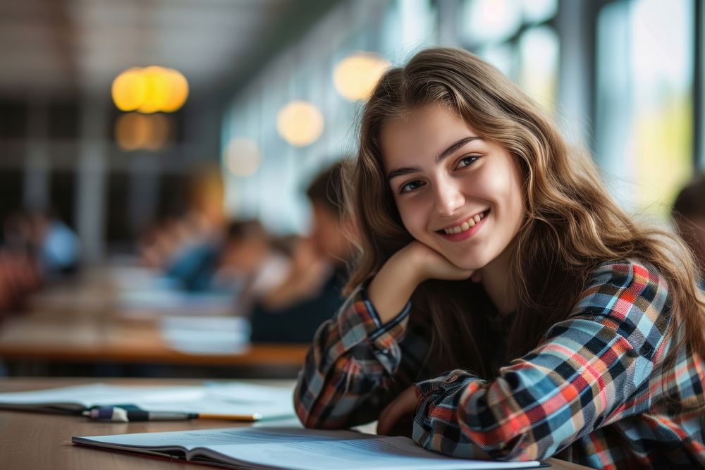 Female student having an exam classroom looking happy. AI generated Image by rawpixel.