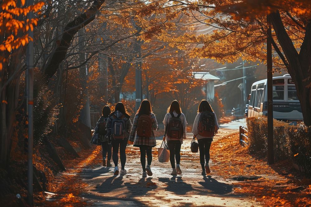 High school Students walking to school footwear autumn transportation. AI generated Image by rawpixel.