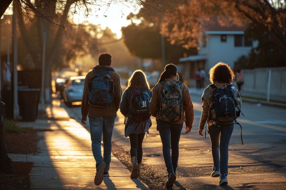 High school Students walking to school backpack student adult. AI generated Image by rawpixel.