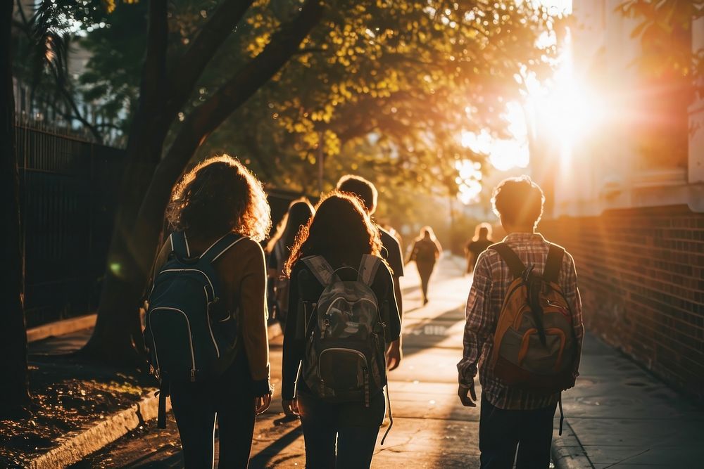 High school Students walking to school adult togetherness architecture. AI generated Image by rawpixel.