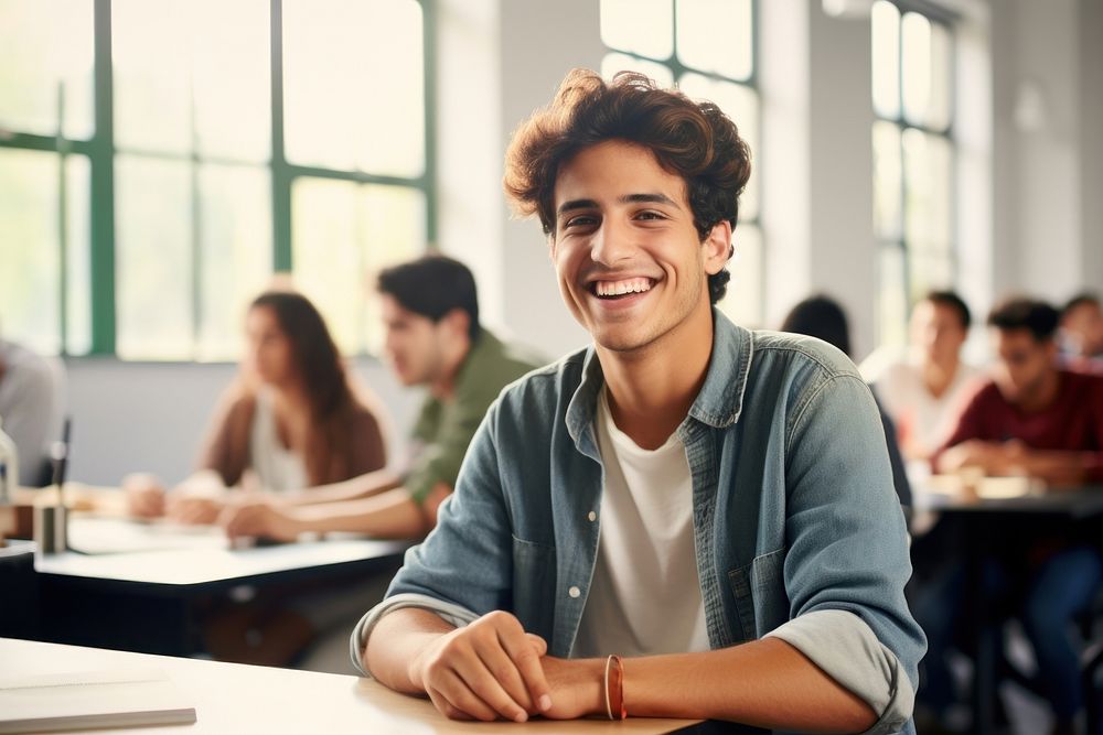 Latino student man sitting at table laughing in classroom person adult smile. AI generated Image by rawpixel.