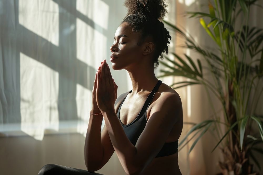Black woman doing yoga sports adult contemplation. AI generated Image by rawpixel.