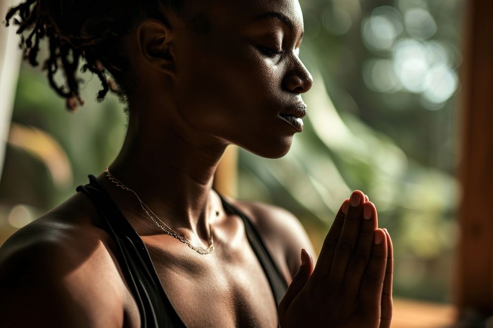 Black woman doing yoga jewelry adult contemplation. AI generated Image by rawpixel.