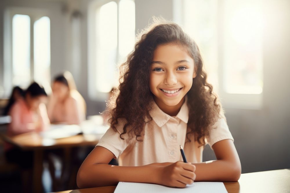 Smiling latinix girl sitting at desk and writing in notebook student classroom smiling. AI generated Image by rawpixel.